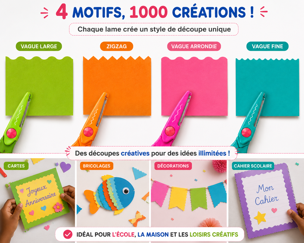 MOTARRO Ciseaux Créatifs Enfant  4 en 1 – Kit de Découpe Scolaire avec 3 Lames Fantaisie