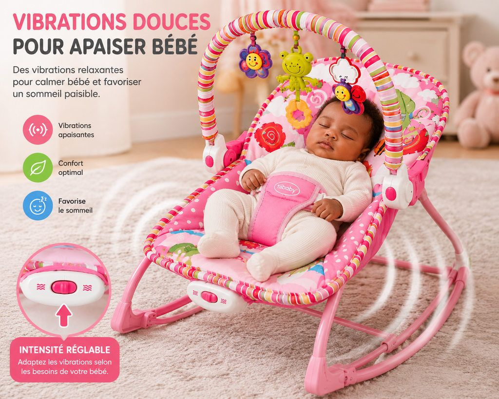iBaby Transat Bébé Évolutif 2 en 1 avec Musique & Vibrations – Rose ou Bleu