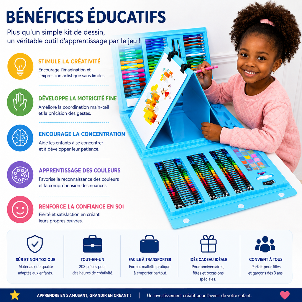 Coffret Dessin & Peinture Super Mega Art Set 208 Pièces – Kit Créatif Complet pour Enfants 3 Ans et +