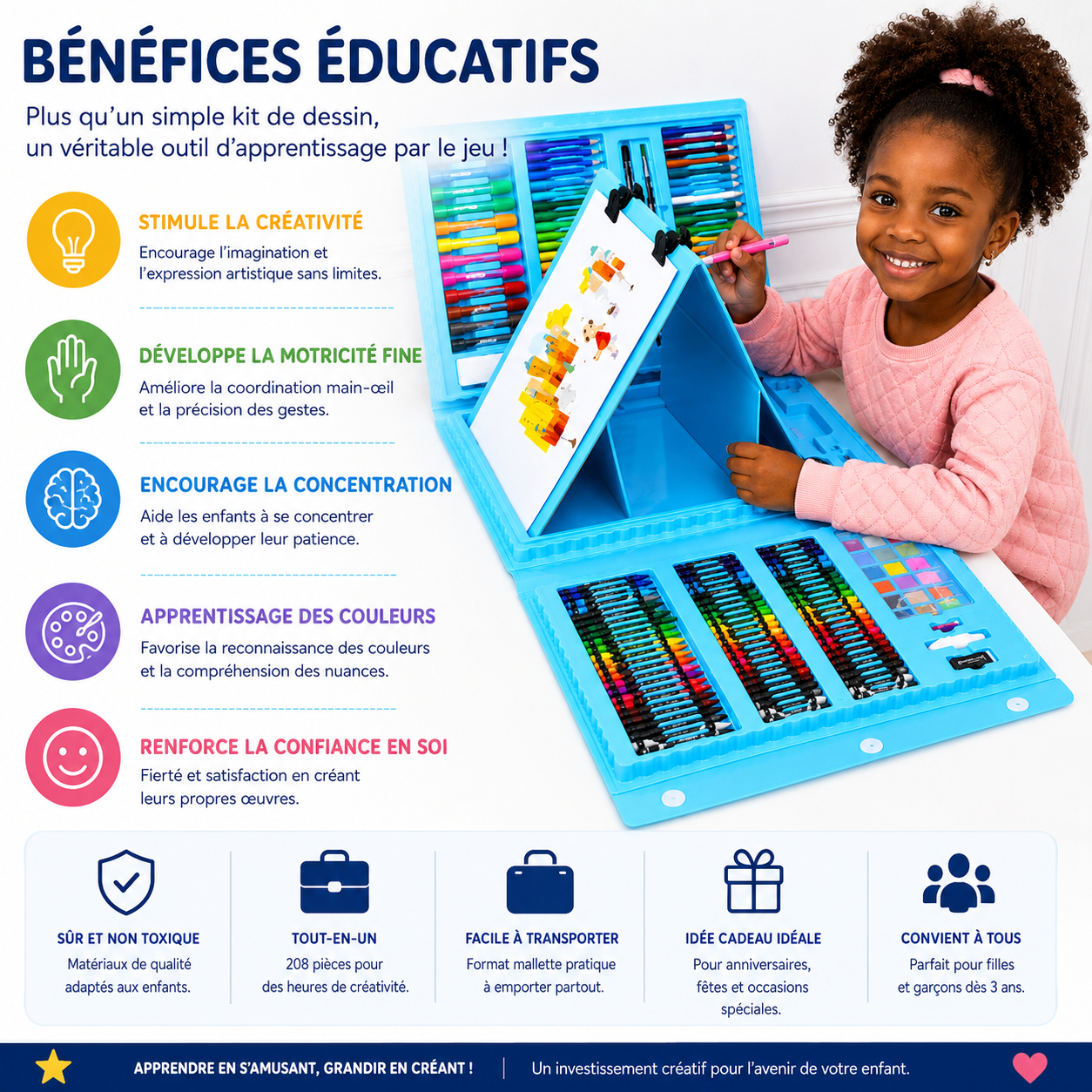Coffret Dessin & Peinture Super Mega Art Set 208 Pièces – Kit Créatif Complet pour Enfants 3 Ans et +