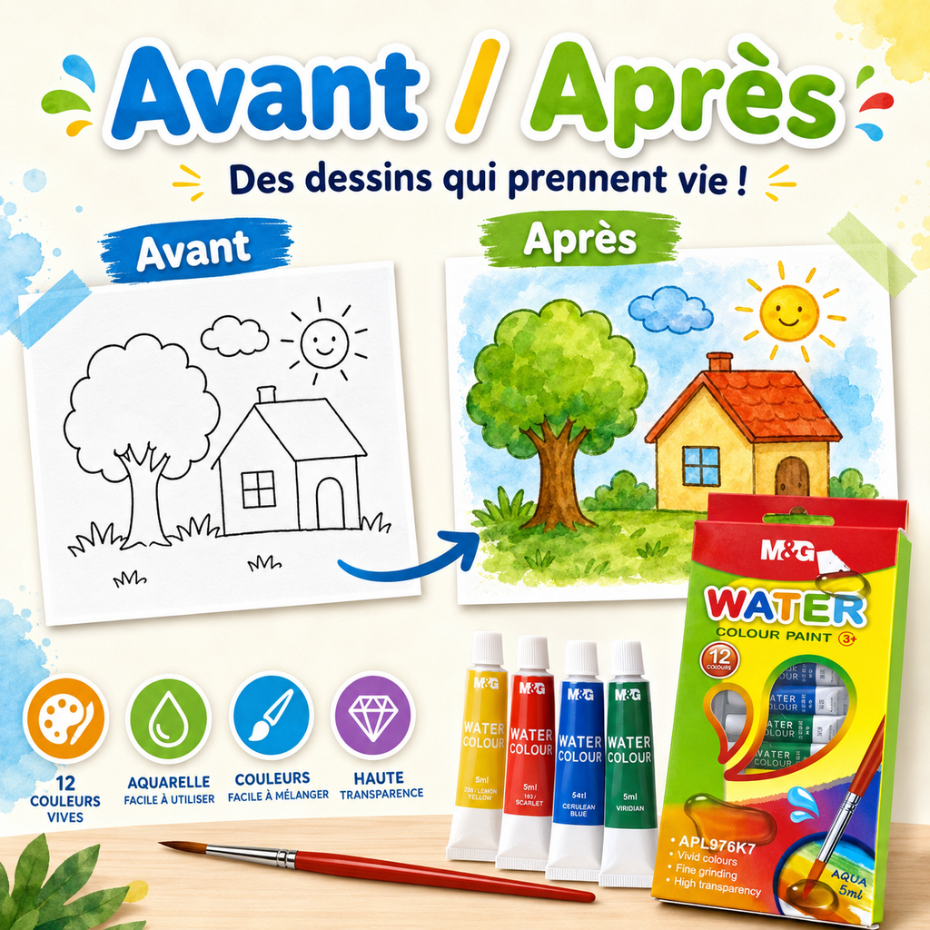 Peinture Aquarelle M&G 12 Couleurs en Tubes 5 ml – Kit Créatif Enfant
