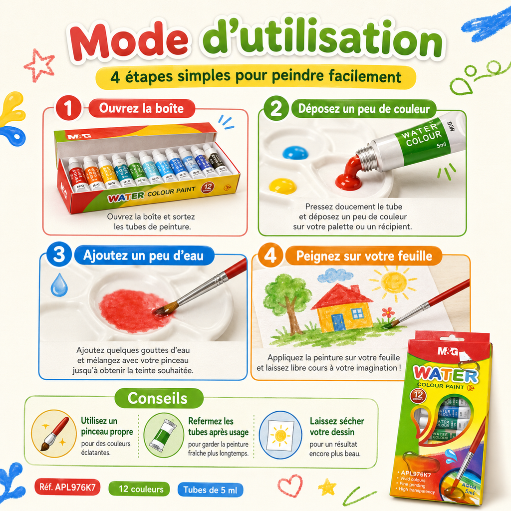 Peinture Aquarelle M&G 12 Couleurs en Tubes 5 ml – Kit Créatif Enfant