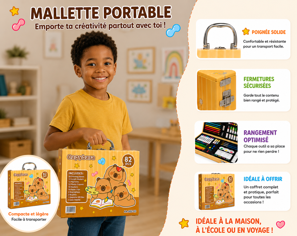 Kit de Dessin Enfant Capybara 82 Pièces – Coffret Créatif Complet pour Enfants