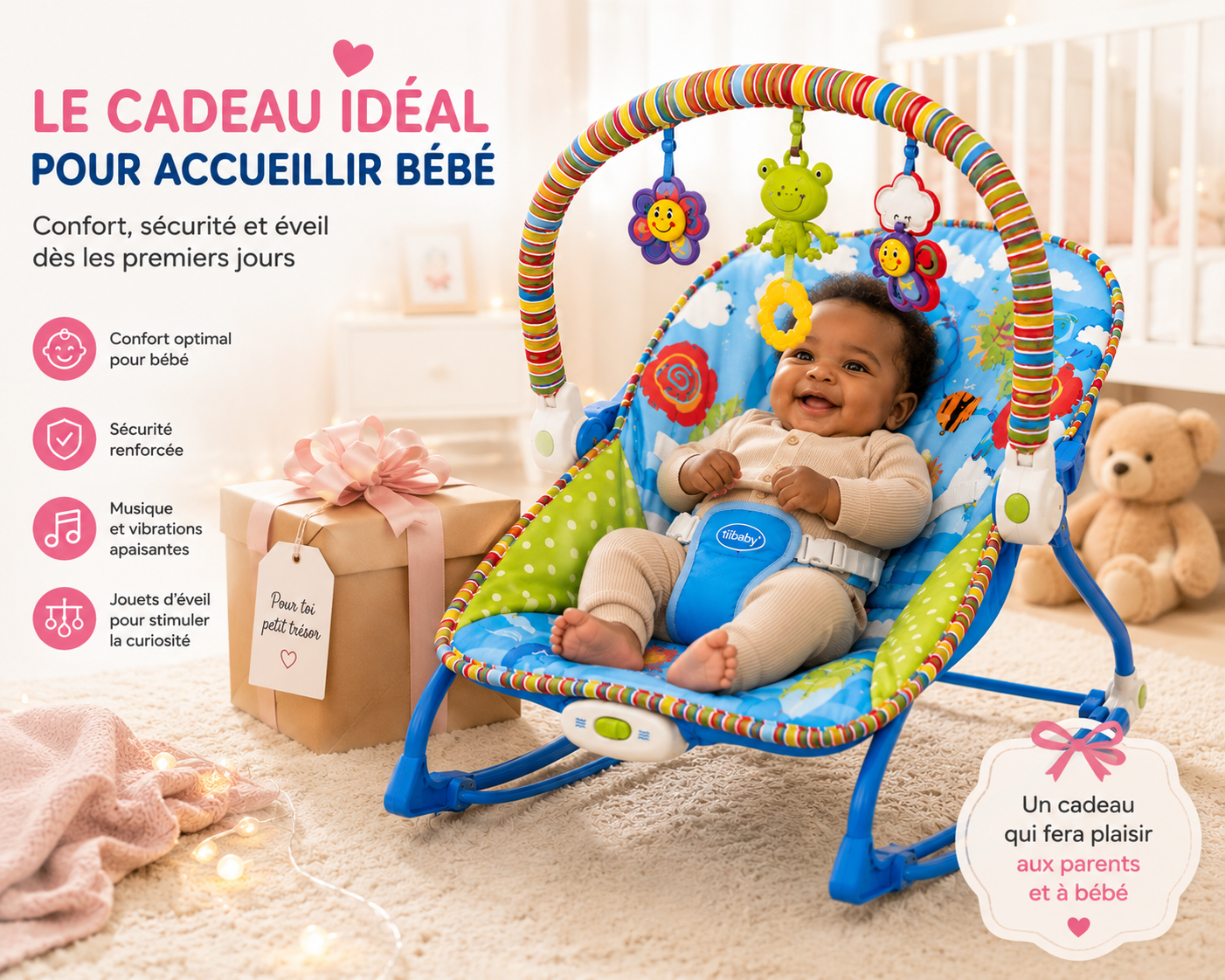 iBaby Transat Bébé Évolutif 2 en 1 avec Musique & Vibrations – Rose ou Bleu
