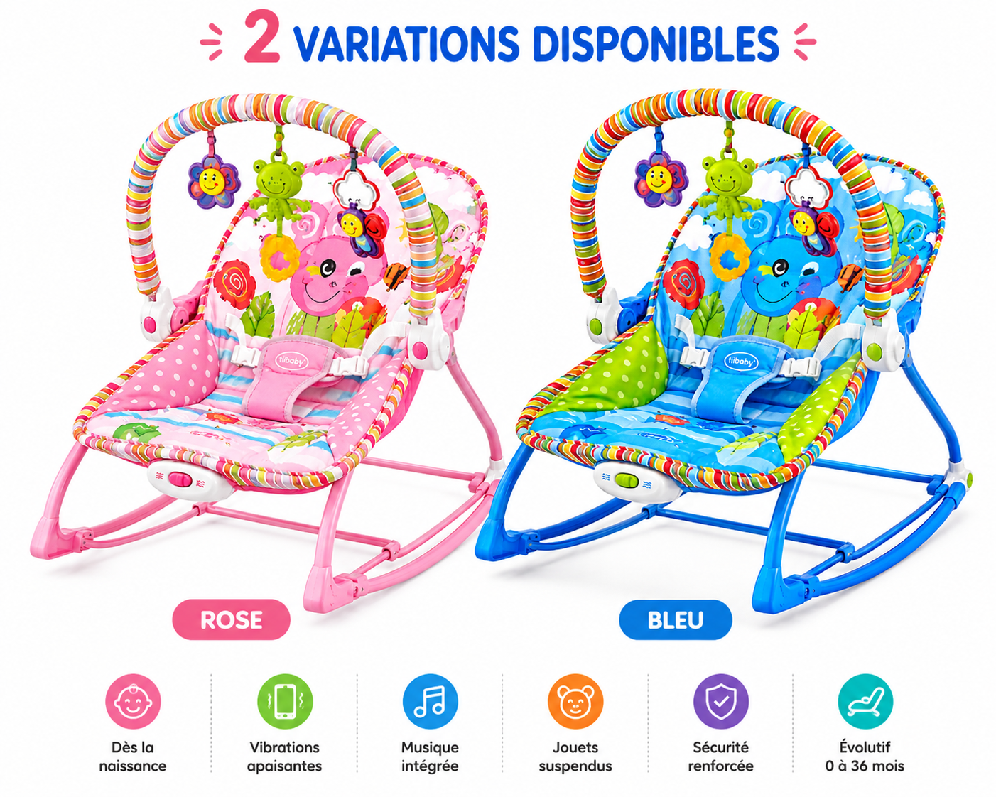 iBaby Transat Bébé Évolutif 2 en 1 avec Musique & Vibrations – Rose ou Bleu