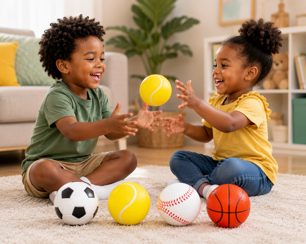 Lot de 4 Balles Souples Sportives pour Enfants – Football, Tennis, Baseball et Basketball
