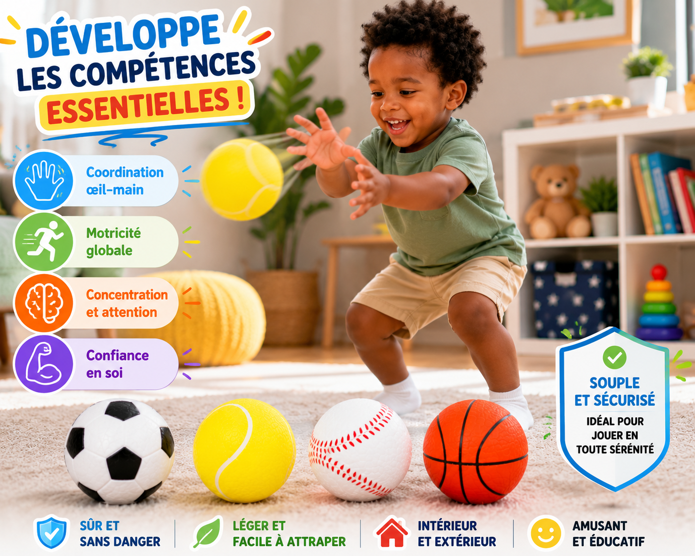 Lot de 4 Balles Souples Sportives pour Enfants – Football, Tennis, Baseball et Basketball