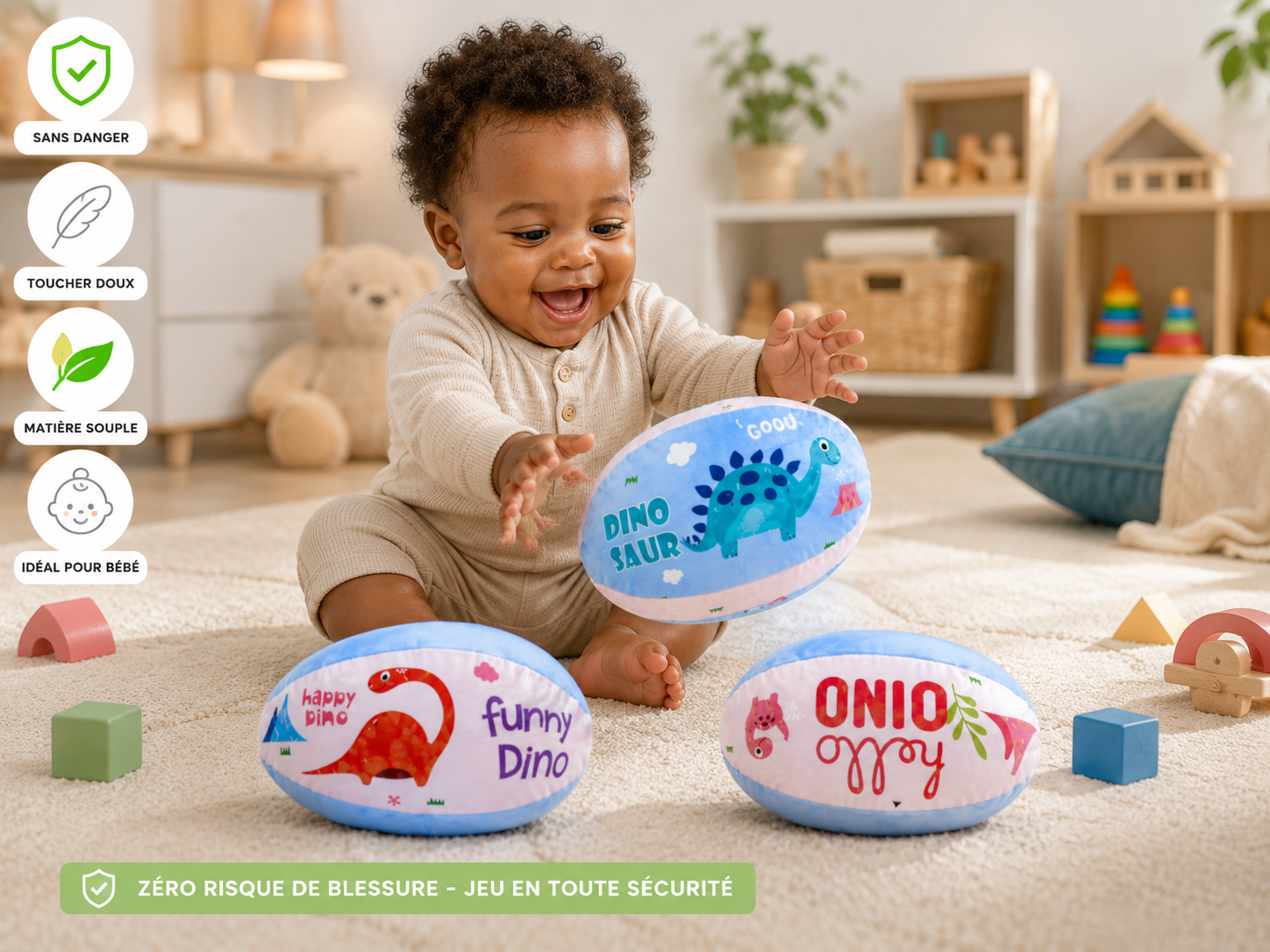 Lot de 3 Ballons Souples Dinosaure pour Bébé et Enfant – Jeu Sensoriel et Motricité