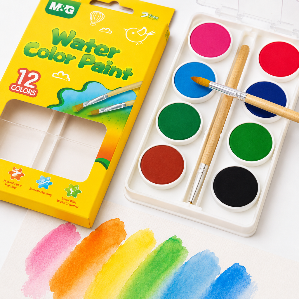 Boîte de Peinture Aquarelle M&G 12 Couleurs avec 2 Pinceaux – Kit Créatif Enfant