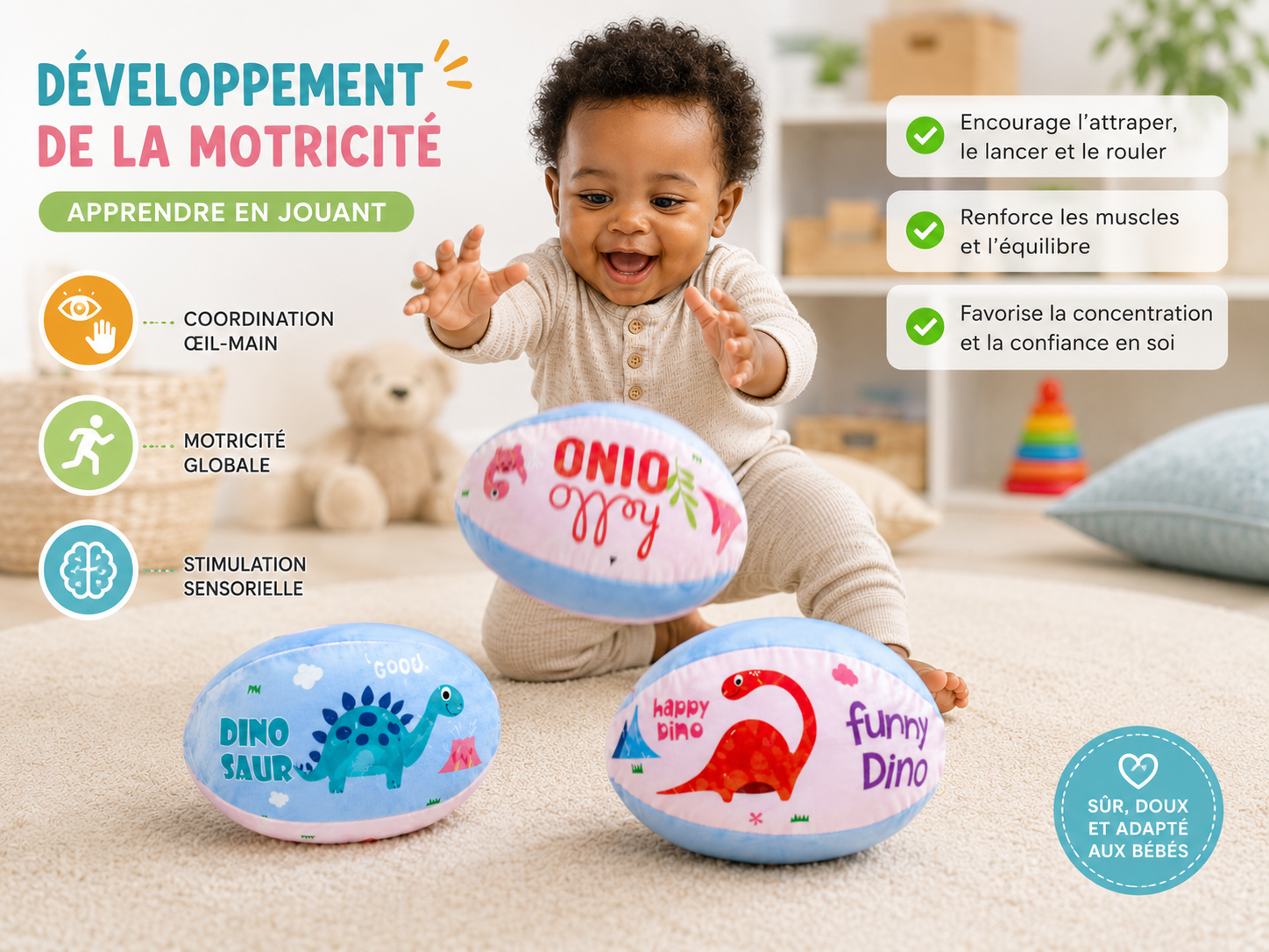 Lot de 3 Ballons Souples Dinosaure pour Bébé et Enfant – Jeu Sensoriel et Motricité