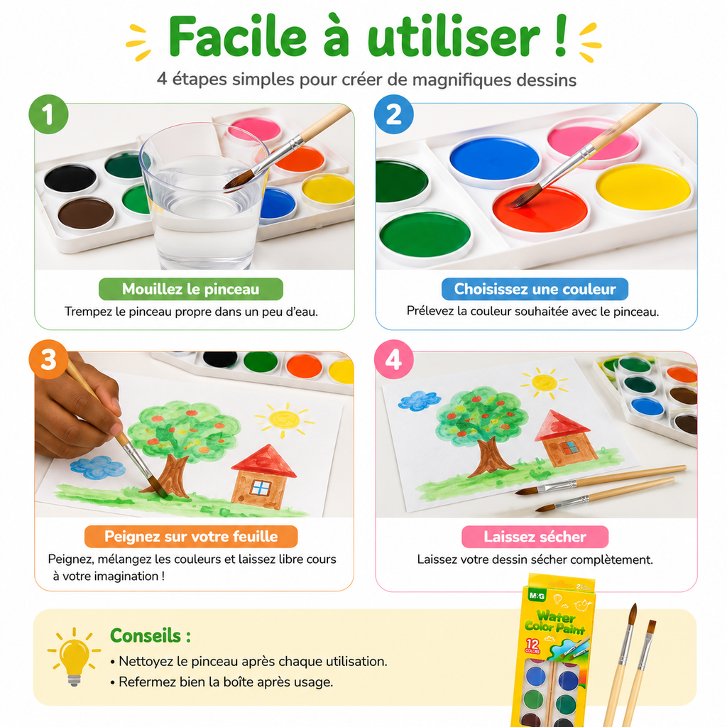 Boîte de Peinture Aquarelle M&G 12 Couleurs avec 2 Pinceaux – Kit Créatif Enfant