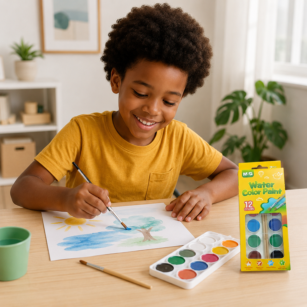 Boîte de Peinture Aquarelle M&G 12 Couleurs avec 2 Pinceaux – Kit Créatif Enfant
