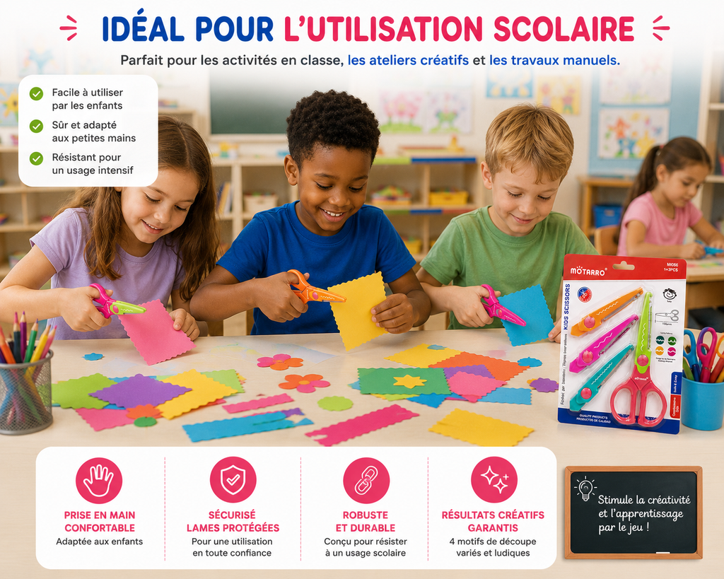 MOTARRO Ciseaux Créatifs Enfant  4 en 1 – Kit de Découpe Scolaire avec 3 Lames Fantaisie