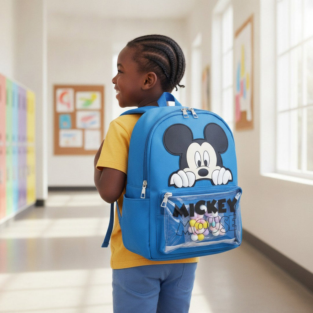 Sac à Dos Maternelle Mickey Bleu avec Poche Transparente – 35 × 25 × 12 cm