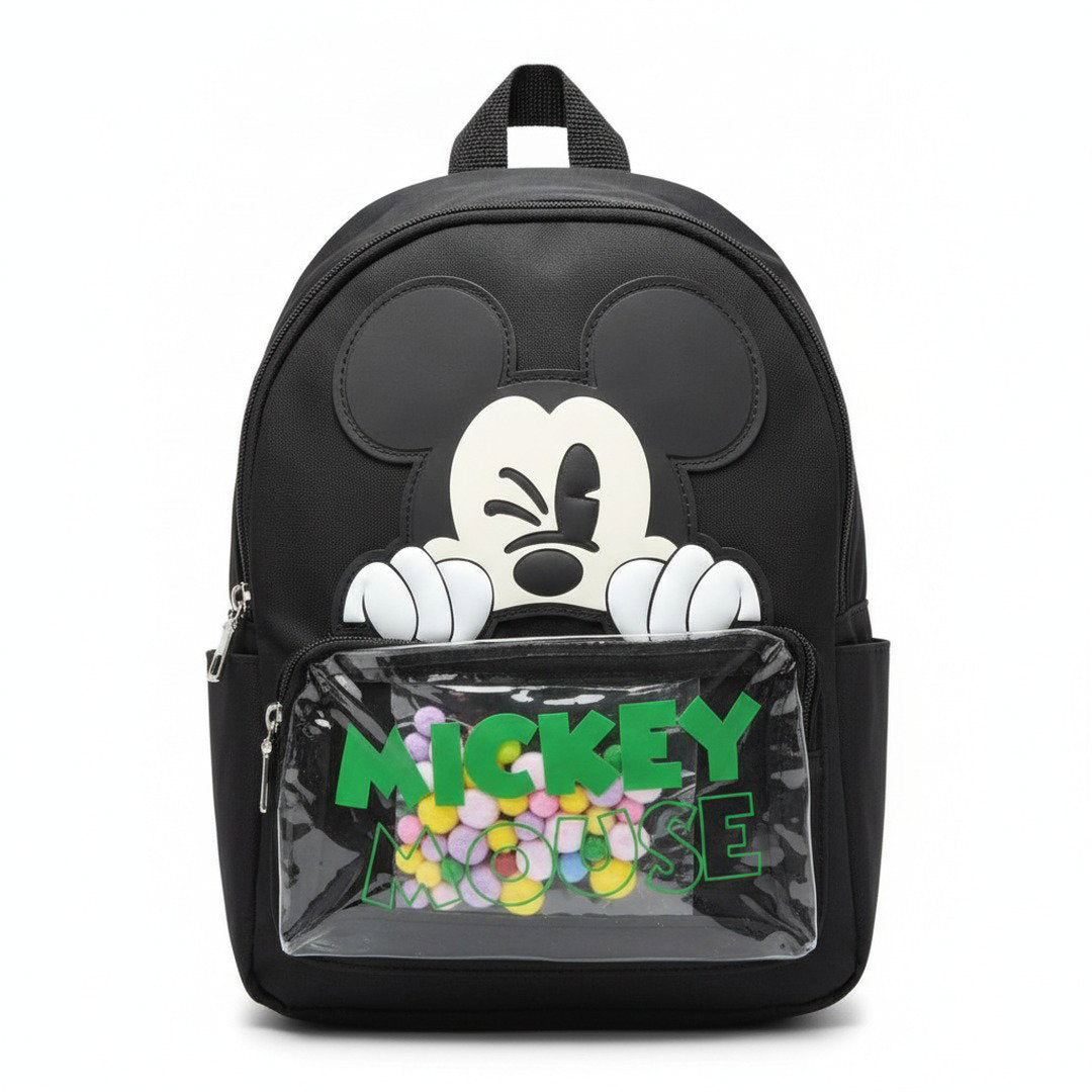 Sac à Dos Maternelle Mickey Noir avec Poche Transparente – 35 × 25 × 12 cm