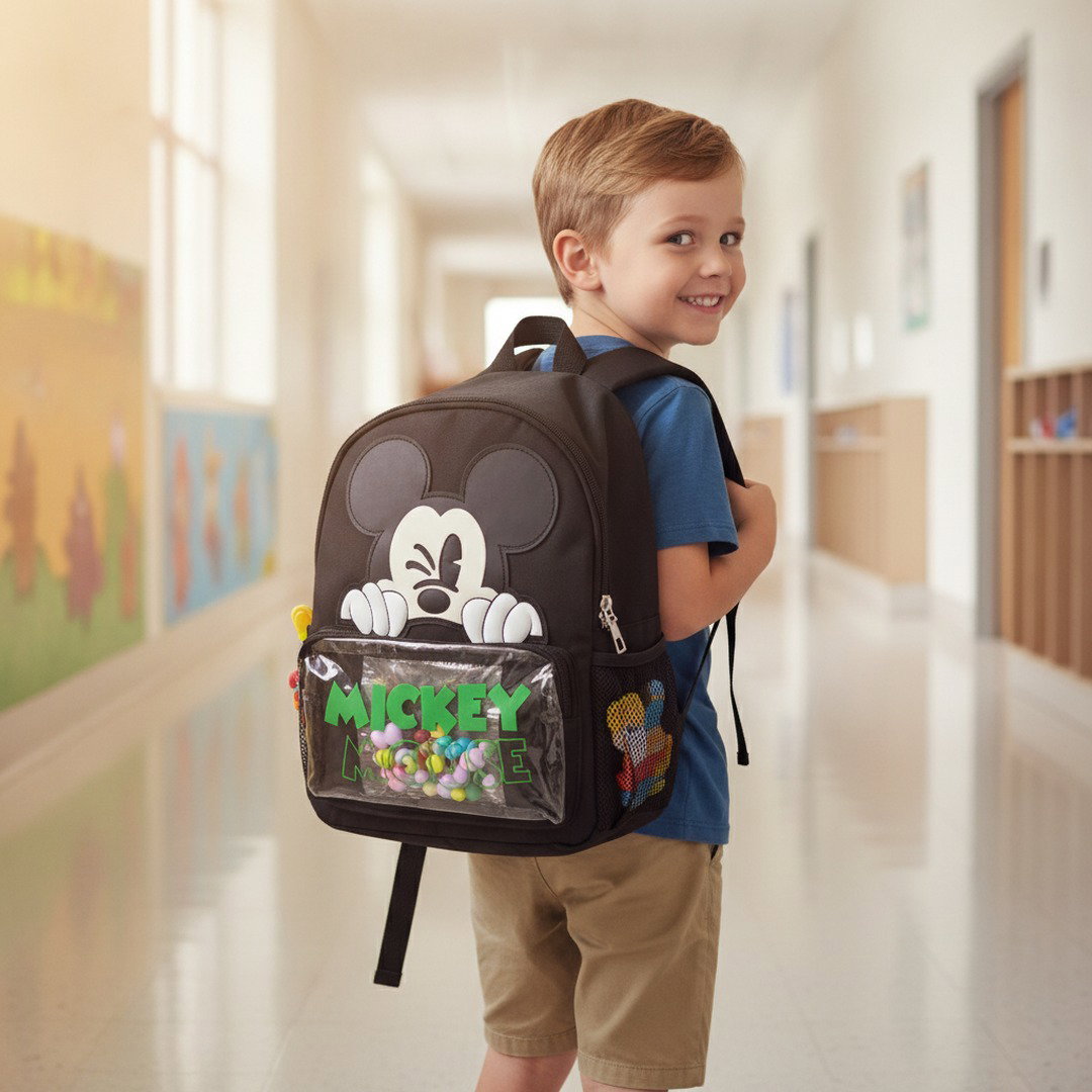 Sac à Dos Maternelle Mickey Noir avec Poche Transparente – 35 × 25 × 12 cm